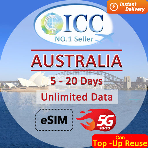 ICC eSIM - Australia 5-20 Days Unlimited Data (24/7 auto deliver eSIM ) Can top up reuse