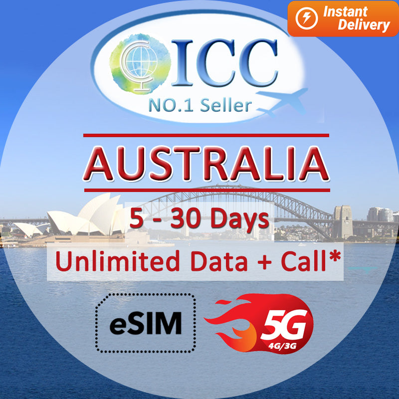 ICC eSIM - Australia 5-20 Days Unlimited Data + Call* (24/7 auto deliver eSIM ) Daily plan can top up reuse