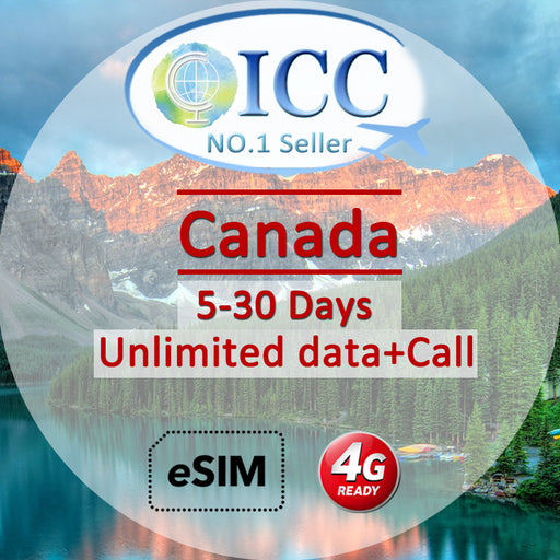 ICC eSIM - Canada 5-90 Days 5GB 5G/4G Data Unlimited Data + Locall Call/Int'l Call (24/7 auto deliver eSIM)
