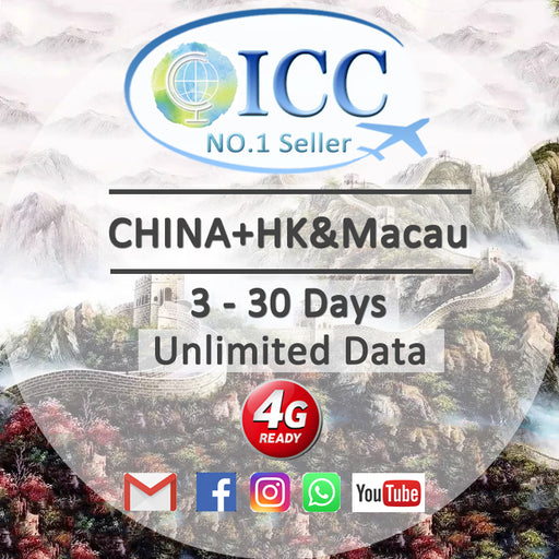 ICC SIM Card - China Mainland, HK & Macau 1-30 Days Unlimited Data - China Mobile/Can top up reuse