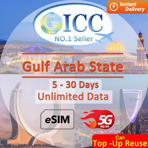 ICC eSIM - Gulf Arab State GCC(Kuwait,Qatar,Oman,Saudi Arabia) 1-30 Days Unlimited Data SIM( 24/7 auto deliver eSIM )
