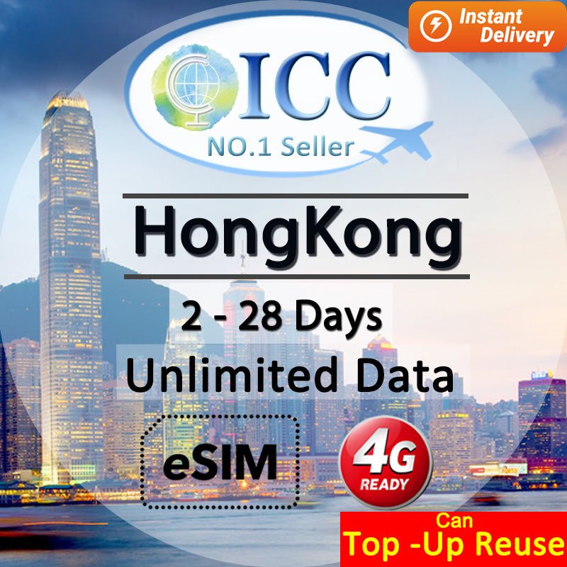 ICC eSIM - HongKong (HK) 1-28 Days Unlimited Data (24/7 auto deliver eSIM )