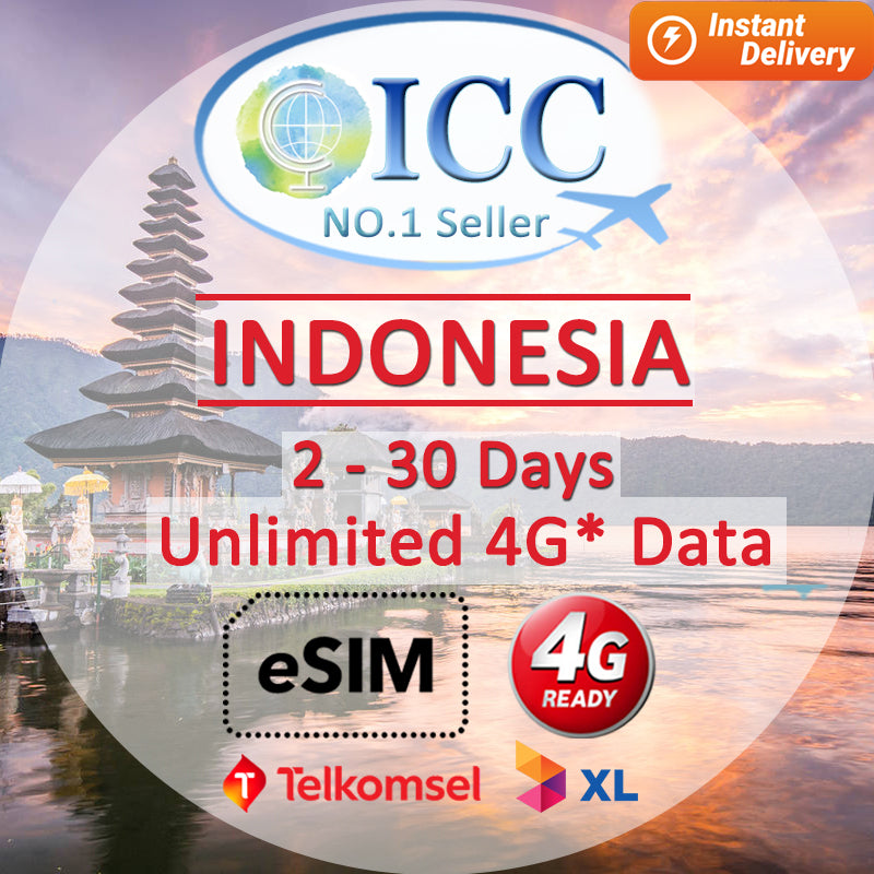 ICC eSIM - Indonesia 1-30 Days Unlimited Data (XL axiata/Telkomsel) (24/7 auto deliver eSIM )