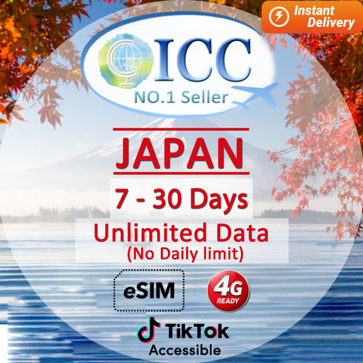 ICC eSIM - Japan 7-30 Days Unlimited Data (IIJ) (24/7 auto deliver eSIM )