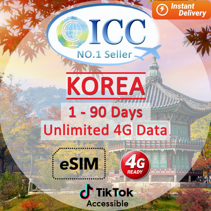 ICC eSIM - Korea 1-90 Days Unlimited 4G Data SKT local network/Korea local esim/Can use tiktok(24/7 auto deliver eSIM)