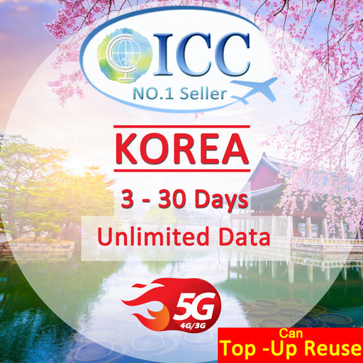 ICC SIM Card -  Korea 3-30 Days Unlimited Data SIM (Daily 500MB/1GB/2GB) Can top up reuse