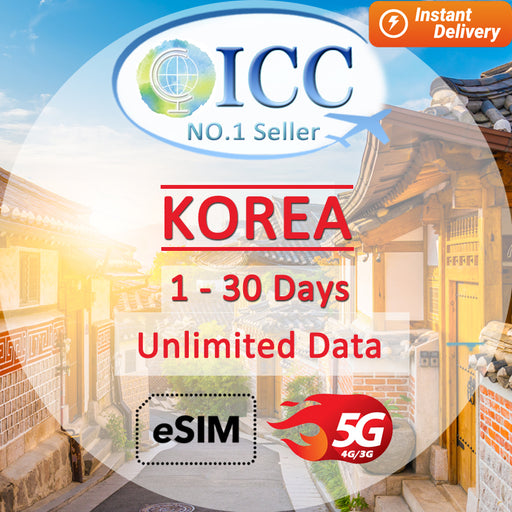 ICC eSIM - Korea 1-30 Days Unlimited Data (24/7 auto deliver eSIM)