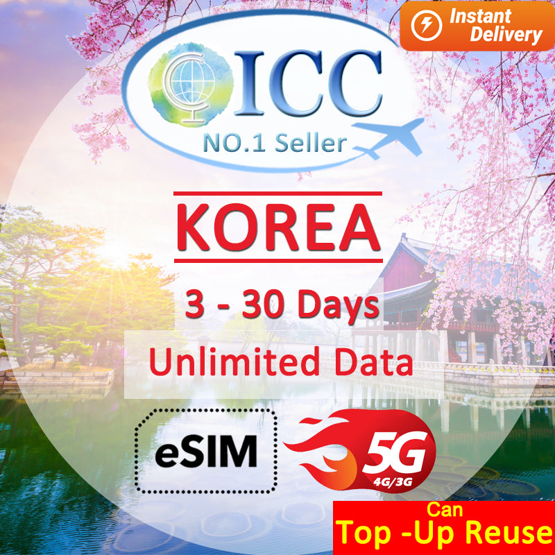 ICC eSIM - Korea 3-30 Days Unlimited Data-Can top up and reuse (24/7 auto deliver eSIM )