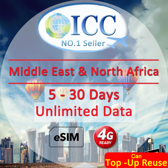 ICC eSIM - Middle East and North Africa (MENA) 5-30 Days Unlimited Data SIM (24/7 auto deliver eSIM )