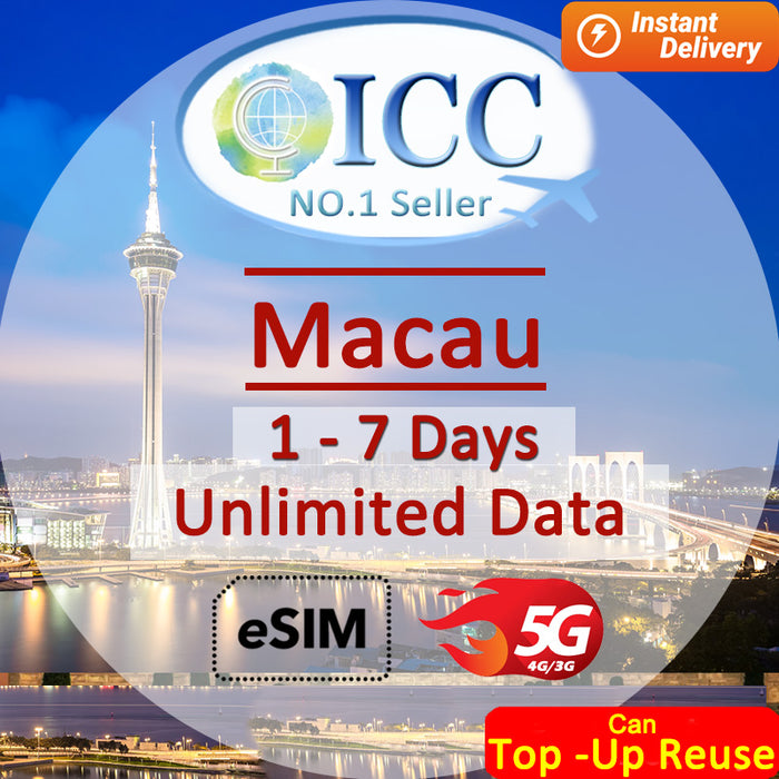 ICC eSIM - Macau 1-8 Days Unlimited Data (24/7 auto deliver eSIM )