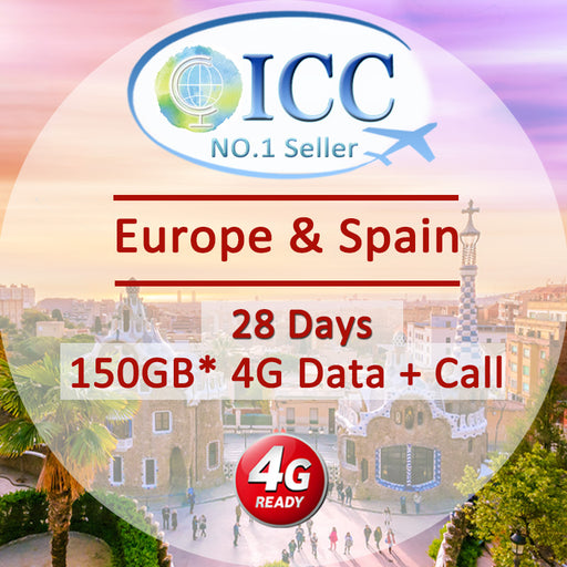 ICC SIM Card - Europe & Spain 28 Days 50GB*/120GB*/150GB* 4G Data + Call SIM