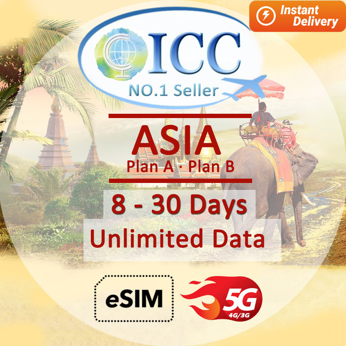 ICC eSIM - Asia 8-30 Days Unlimited Data (24/7 auto deliver eSIM )/Plan A Can top up Reuse