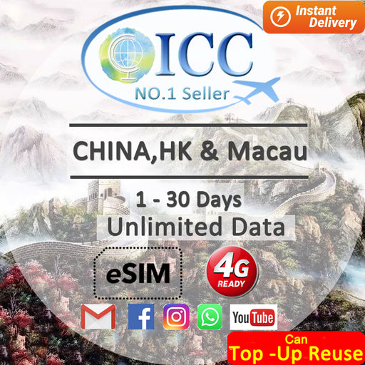 ICC eSIM - China Mainland, HK & Macau 1-30 Days Unlimited Data - China Mobile Netowork (24/7 auto deliver eSIM )/Can top up Reuse