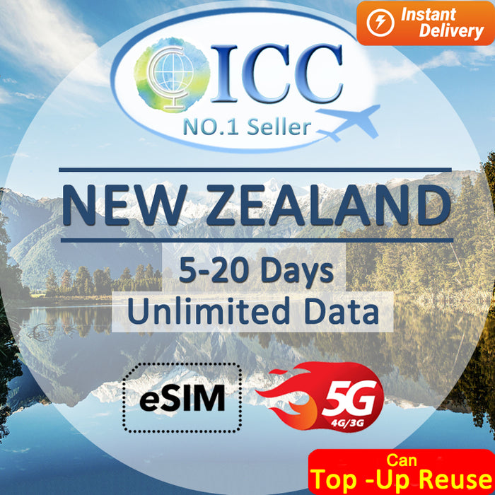 ICC eSIM - New Zealand 5-30 Days Unlimited Data (24/7 auto deliver eSIM ) Can top up reuse