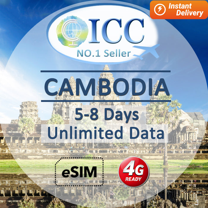 ICC eSIM - Cambodia 5-8 Days Unlimited Data (24/7 auto deliver eSIM )