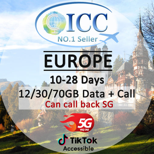 ICC SIM Card - Europe EU-C 10-28 Days 12GB/30GB/70GB 5G/4G Data + Local Call + Int'l Call