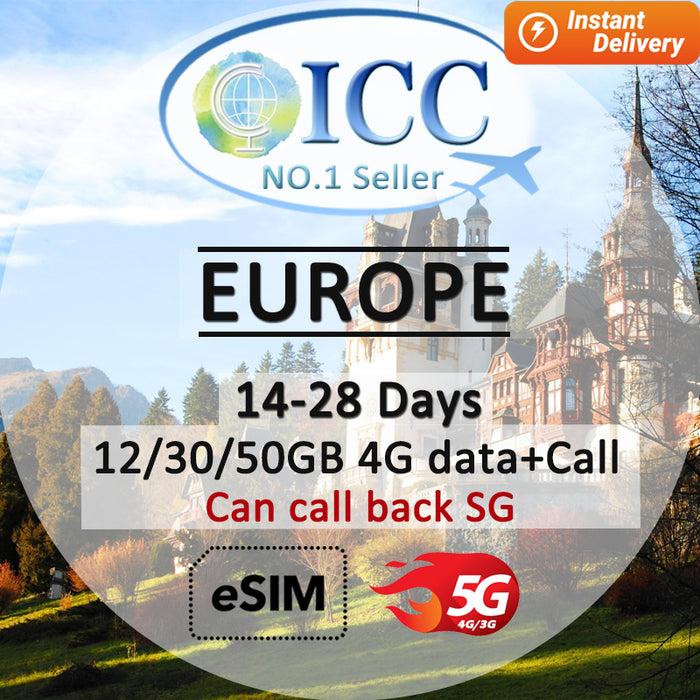 ICC eSIM - Europe EU-C 14/28 Days 12GB/30GB/50GB 5G/4G Data + Call (24/7 auto deliver eSIM )