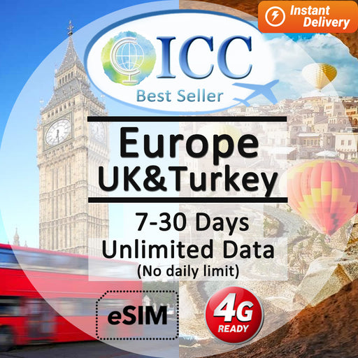 ICC eSIM - UK, Europe & Turkey (EU-i) 7-30 Days Unlimited Data (24/7 auto deliver eSIM )
