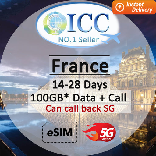 ICC eSIM - France 14/28 Days 12GB/30GB/50GB 4G Data + Call (24/7 auto deliver eSIM )