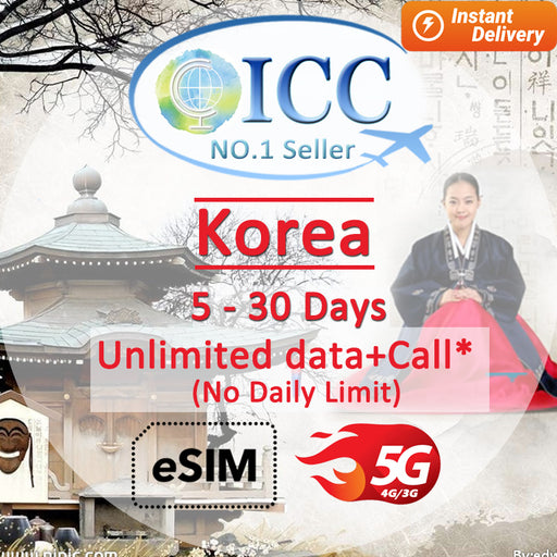 ICC eSIM - Korea 5-30 Day Unlimited Data + Call* - SKT Telecom/KT (24/7 auto deliver eSIM )
