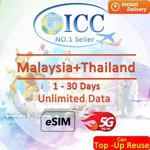 ICC eSIM - Malaysia & Thailand 4-30 Days Unlimited Data (24/7 auto deliver eSIM )