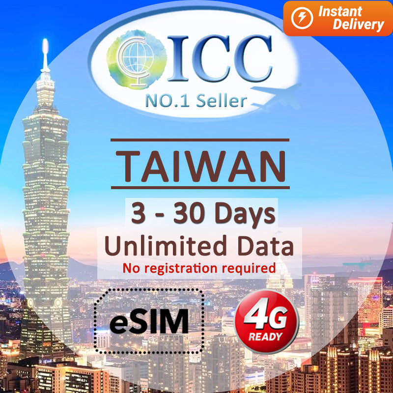 ICC eSIM - Taiwan 3-30 Days Unlimited Data (24/7 auto deliver eSIM ) NO registration required