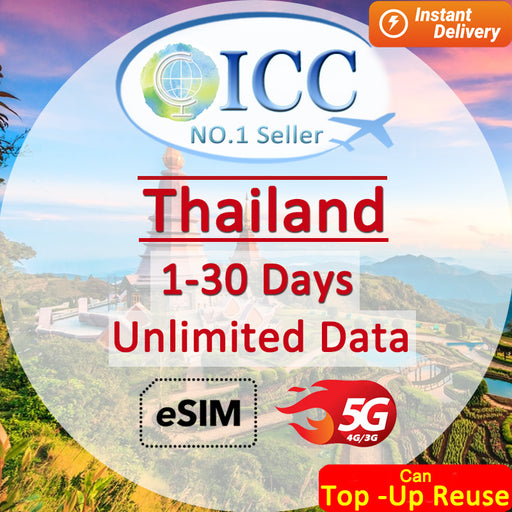 ICC eSIM - Thailand 1-30 Days Unlimited Data (24/7 auto deliver eSIM )