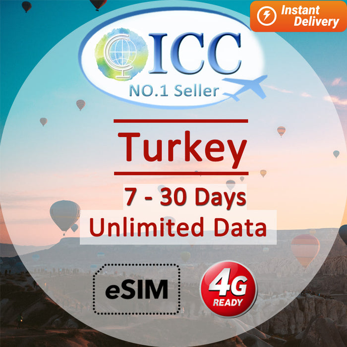 ICC eSIM - Turkey 7-30 Days Unlimited Data (24/7 auto deliver eSIM )
