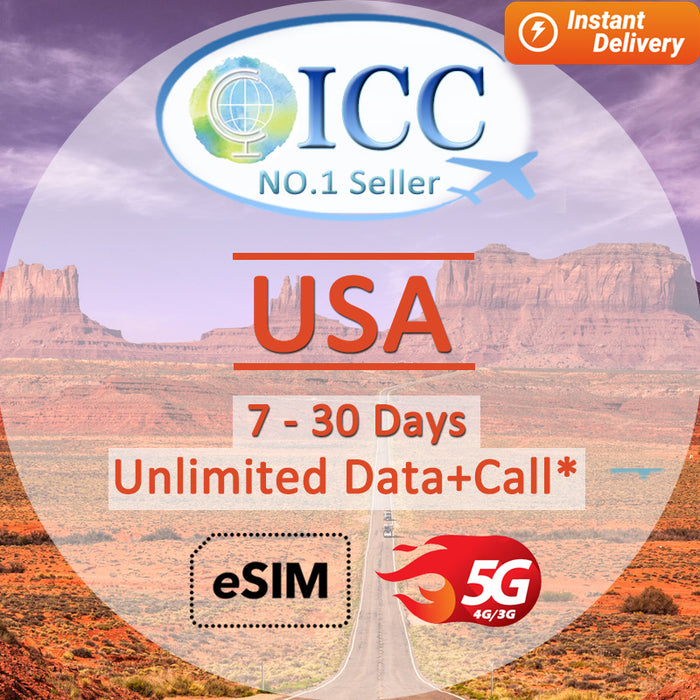 ICC eSIM - USA 7-30 Days Unlimited Data + Call* (24/7 auto deliver eSIM )